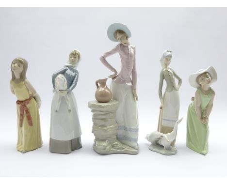 Collection of Lladro figures; Girl with Geese, Girl with lamb, two other girls, and a Nao figure (5)