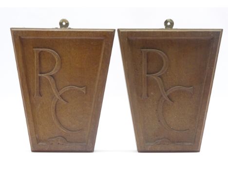 Pair 1960s 'Mouseman' oak wall plaques with carved R.C monogram by Robert Thompson of Kilburn, H29.5cm x W25cm 