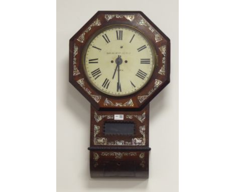 19th century rosewood drop dial wall clock, hexagonal cased inlaid with mother of pearl, Roman dial signed 'Darling, Wood &am