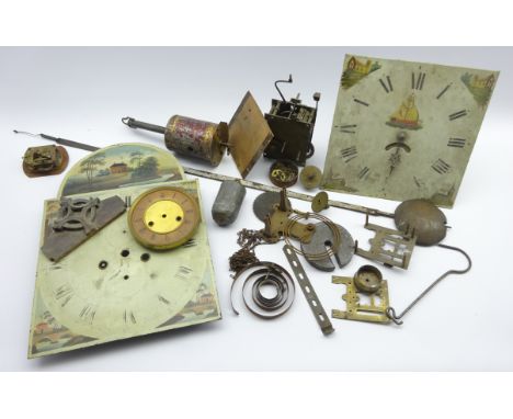 19th century enamel clock dial painted with country house scenes with false key hole winder, 30-hour movement, pendulum and w
