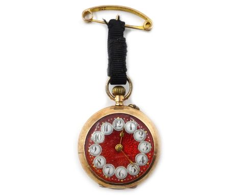 Continental rose gold fob watch with red enamel dial, on ribbon with old clasp, both stamped 9K Condition Report &amp; Furthe