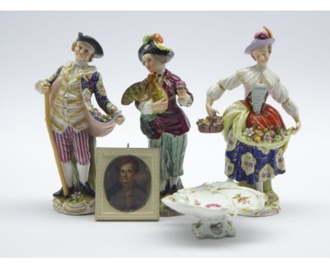 Pair Continental porcelain figures collecting flowers, a similar figure of a boy with a Cockerel, small shaped dish and an ea