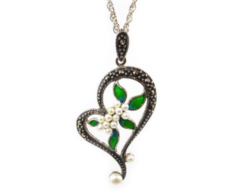 Silver pearl, marcasite and enamel pendant necklace, stamped 925