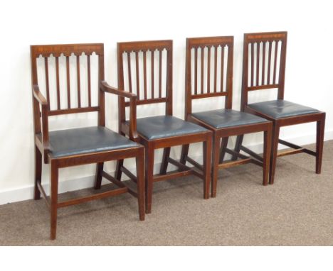 Set four (3+1) 19th century dining chairs, top rails inlaid with satinwood and boxwood stringing, arched and stick backs, uph