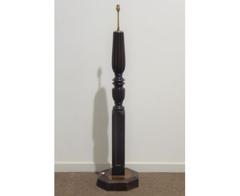 19th century mahogany torchere stand converted to standard lamp, lobe carved column with twist baluster, arched with bead mou