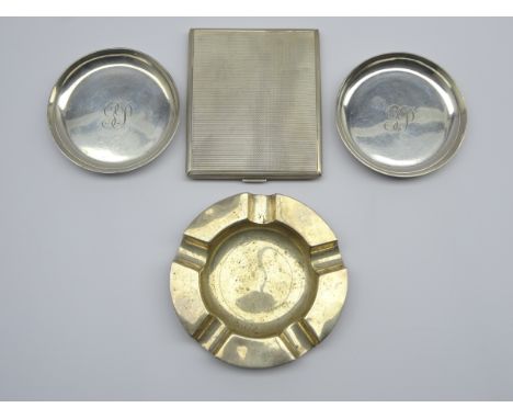 Engine turned Sterling silver cigarette case, pair of silver coasters engraved with a monogram by The Goldsmiths and Silversm