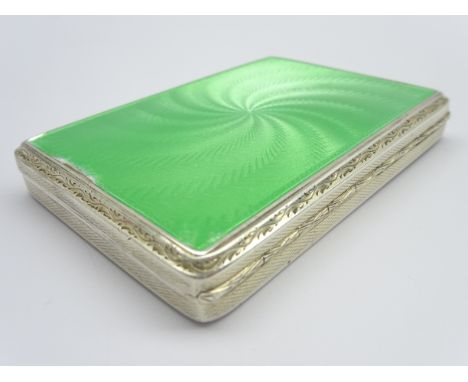 Engine turned silver and green enamel shallow box with hinged cover and gilded interior 8 x 5.5cms