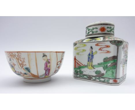 18th Century English polychrome porcelain bowl, Worcester or Liverpool, decorated with a Chinese Family pattern, D11cm and Ca