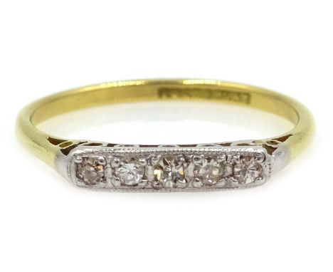 Five stone diamond rim set gold ring, stamped 18ct &amp; Plat Condition Report &amp; Further Details Approx 2.2gm, size R