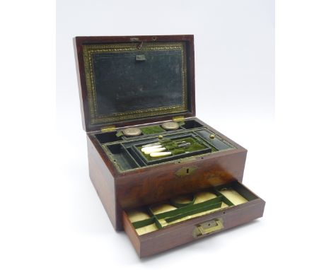 Victorian rosewood travelling vanity set, fitted interior with mother-of-pearl handled manicure set and two glass jars, with 