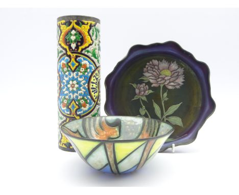 19th century French cylindrical vase by Vieillard, Bordeaux with polychrome enamel decoration, H24cm, Gouda bowl and a Irides