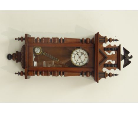Early 20th century walnut cased Vienna style wall clock, twin train movement striking the hours and half on coil, H103cm