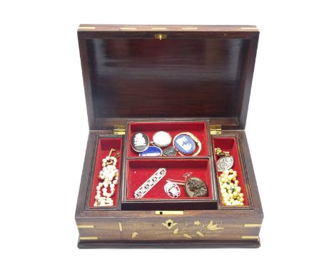 Eastern hardwood jewellery box with some jewellery including a lapis lazuli oval brooch, silver Viking ship brooch, pearl nec