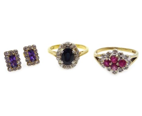 9ct gold sapphire and diamond cluster ring and a ruby and diamond cluster ring both hallmarked and a pair of amethyst ear-rin