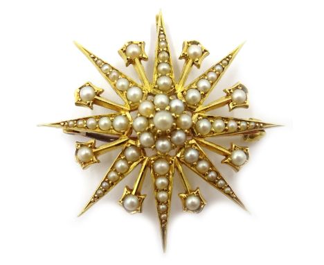 Victorian gold seed pearl star pendant/brooch, stamped 15ct Condition Report &amp; Further Details Approx 8.5gm, length = 3.7