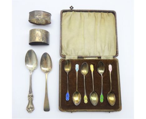 Set of 6 silver coffee spoons with coloured enamel finials Birmingham 1934, 2 silver serviette rings and 2 19th century silve