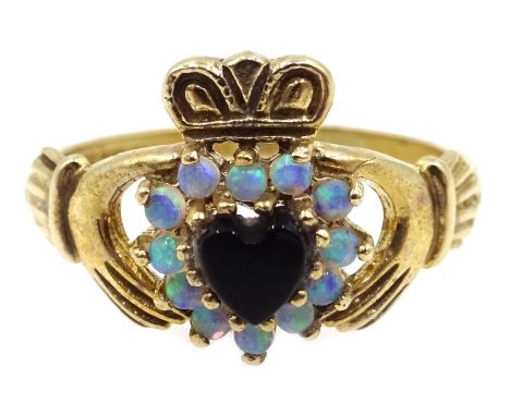 Black onyx and opal Claddagh gold ring, hallmarked 9ct Condition Report & Further Details Click here for further images, cond