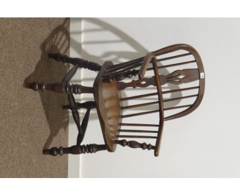 Early 19th century ash and elm low back Windsor armchair, stick and pierced splat back, turned supports and stretchers