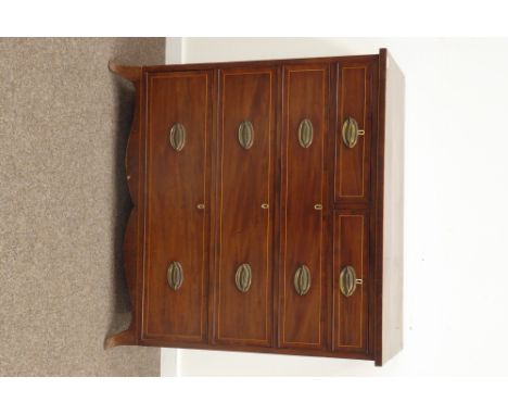 19th century inlaid mahogany straight front chest fitted with two short and three long drawers, out splayed bracket feet, W11