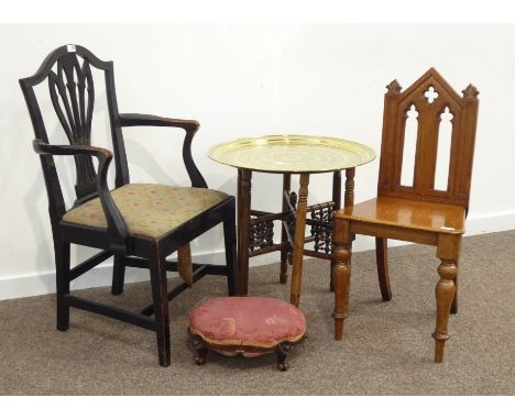 19th century black painted country elm carver armchair, Victorian carved walnut footstool, Gothic revival oak hall chair and 