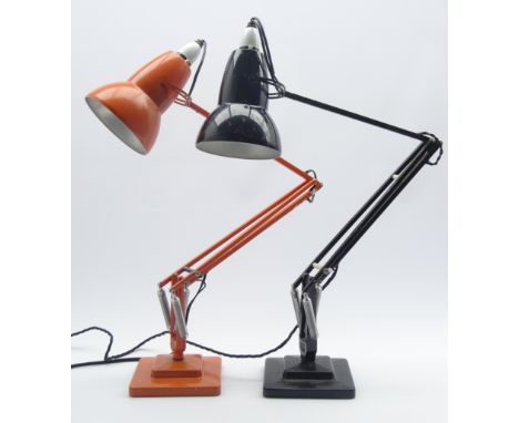 Two 1960s 'Herbert Terry & Sons' angle-poise desk lamps, stepped square bases, orange and black finish Condition Report & Fur