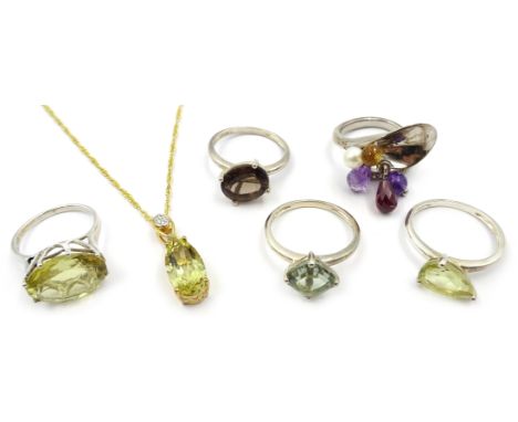 Silver-gilt citrine pendant necklace, smoky quartz ring and four other stone set rings, all stamped 925 (6)