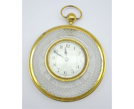 Edwardian circular cut glass and gilt metal cartel clock, hob nail cut decorated surround, circular Arabic dial, battery move
