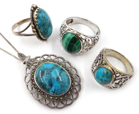 Silver malachite ring, two turquoise rings and pendant necklace, all stamped 925