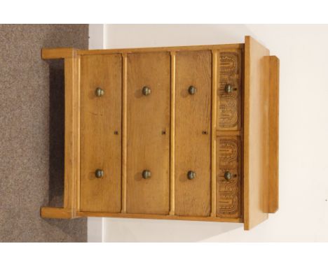 Early 20th light oak chest, two short drawers relief carved with lunettes and three long drawers, W77cm, H96cm, D46cm