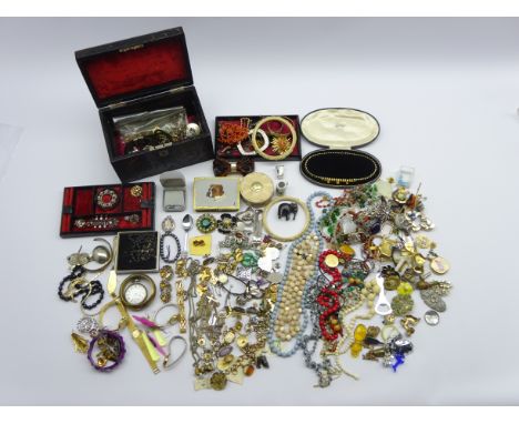 Large collection of costume jewellery, wrist and pocket watches, enamel and other brooches, some Edwardian pieces and a 19th 