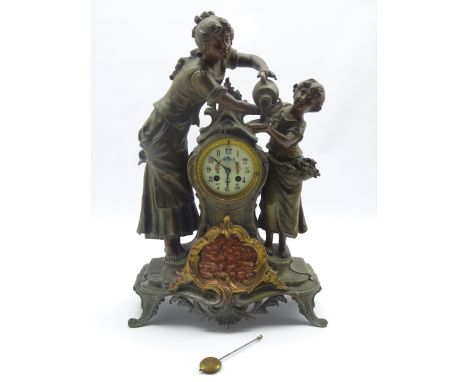 Large French spelter figural mantel clock depicting mother and child, circular floral enamel painted dial above rouge marble 