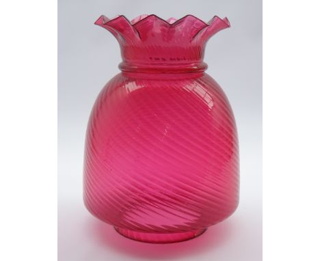 Large early 20th century cranberry glass oil lamp shade with frill rim, H33cm  Condition Report & Further Details Some chips 