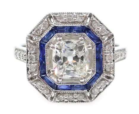 Art Deco style sapphire and diamond ring, stamped 18K, central old cut diamond approx 0.7 carat
