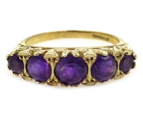 Amethyst five stone ring hallmarked 9ct Condition Report & Further Details - 3.9gm- Size O-P- Good conditionClick here for fu