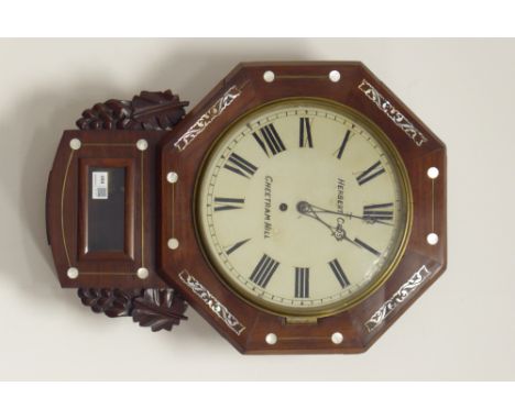 19th century rosewood drop dial wall clock, inlaid with mother of pearl, Roman dial signed 'Herbert Cross, Cheetram Hill', si