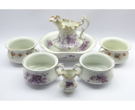 Edwardian A.J. Wilkinson Bramble pattern five piece toilet set and two other chamber pots (7)