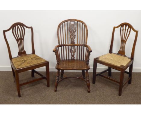 19th century yew and elm Windsor armchair with crinoline stretcher and pair of country chairs with string seats