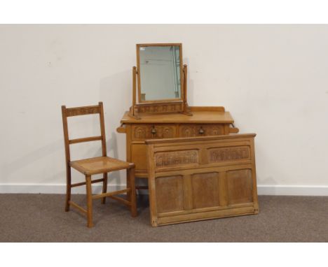 Early 20th light oak wash stand, two short drawers relief carved with lunettes above one long deep drawer (W92cm, H81cm, D46c