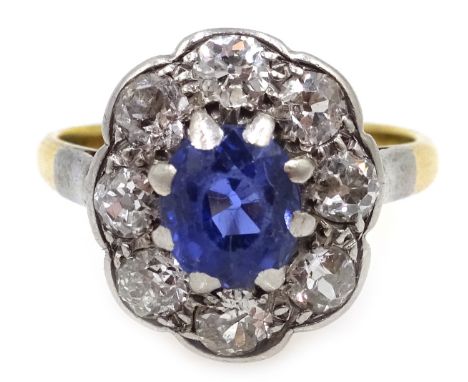 Gold oval sapphire and old cut diamond cluster ring, stamped 18ct  Condition Report & Further Details Approx 3.1gm, size JCli