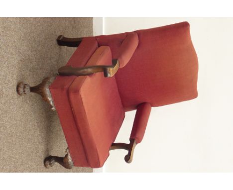 Early 20th century mahogany open armchair, upholstered in red fabric, carved hairy paw feet, W71cm
