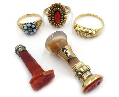 9ct gold garnet ring, hallmarked, Victorian chalcedony cluster ring with glass back and an Edwardian 18ct diamond ring hallma