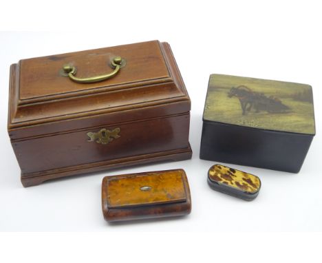 Russian lacquer box painted with figures in horse drawn troika, 19th century walnut snuff box, horn snuff box and a 19th cent