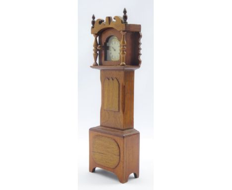 19th century walnut pocket watch stand in the form of a miniature longcase clock, with a 19th century fusee pocket watch, eng