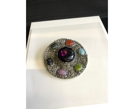 Large miracle Scottish Celtic plaid brooch styled with agate stones 