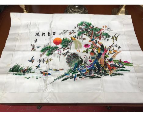 Large Oriental silk tapestry Depicting peacock & various other birds. 