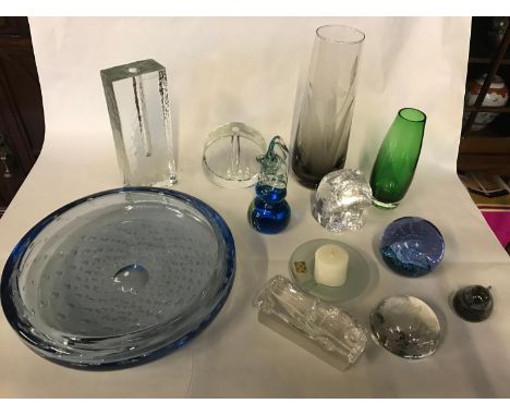 A Collection of studio & Art glass candle holders, White Friars bowl & Caithness vase 