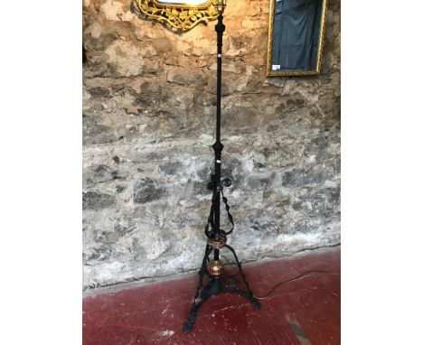 Victorian rise and fall paraffin lamp base, changed to electric lamp. Styled with copper fitments 