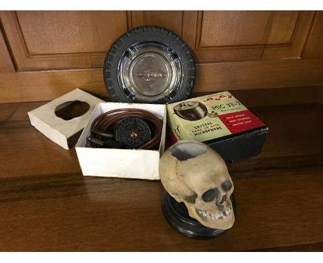 Vintage good year tyre ashtray, Bisque skull vase & vintage Acos Mic 33-2 hand or desk microphone. Comes with box 