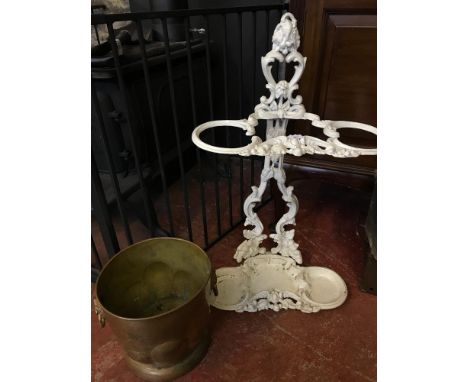 Aluminium ornate stick stand together with brass lion handled planter 