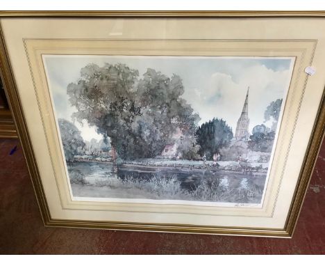 Limited edition signed Sturgeon Print showing a canal scene, fitted within a gilt frame. 